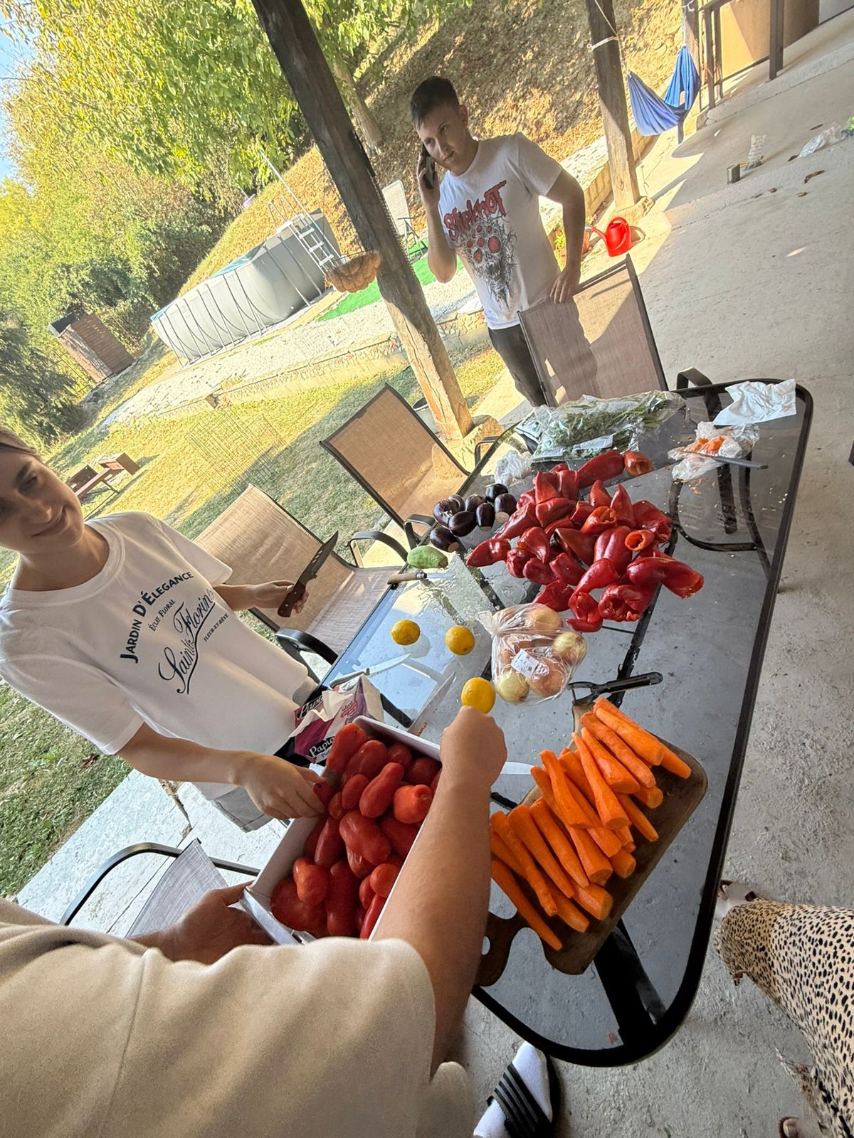 Participants prepare vegetables at an outdoor table.